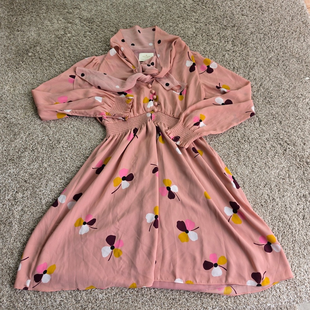 Kate Spade Floral Polka Dot Tie Neck Dress‎ Womens Small Pink Smocked Mini 33136